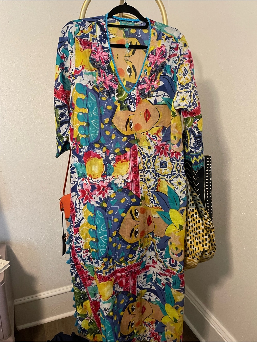 miami Multicolor Floral & Portrait Maxi Dress - Blue, Yellow, Pink